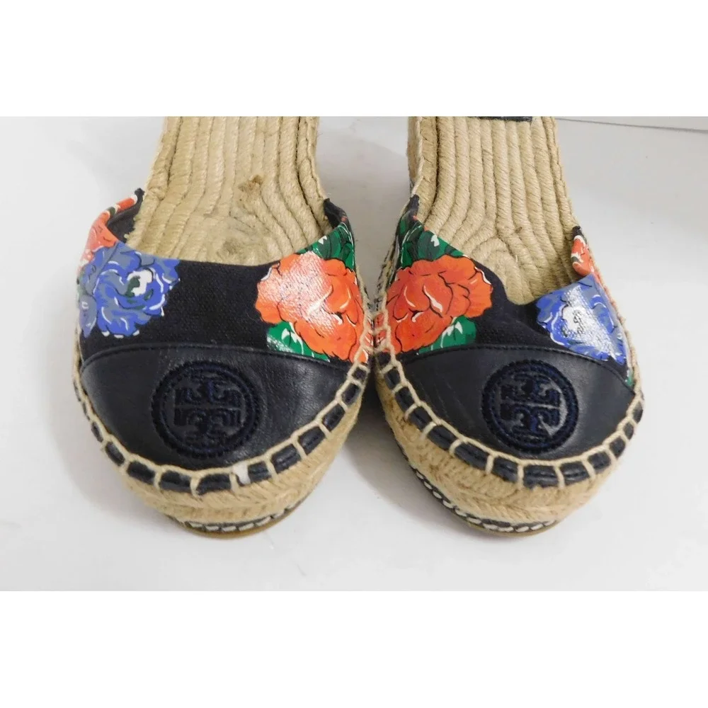 Tory Burch‎ Floral Espadrille Wedge Logo Toe Cap Sandals 7